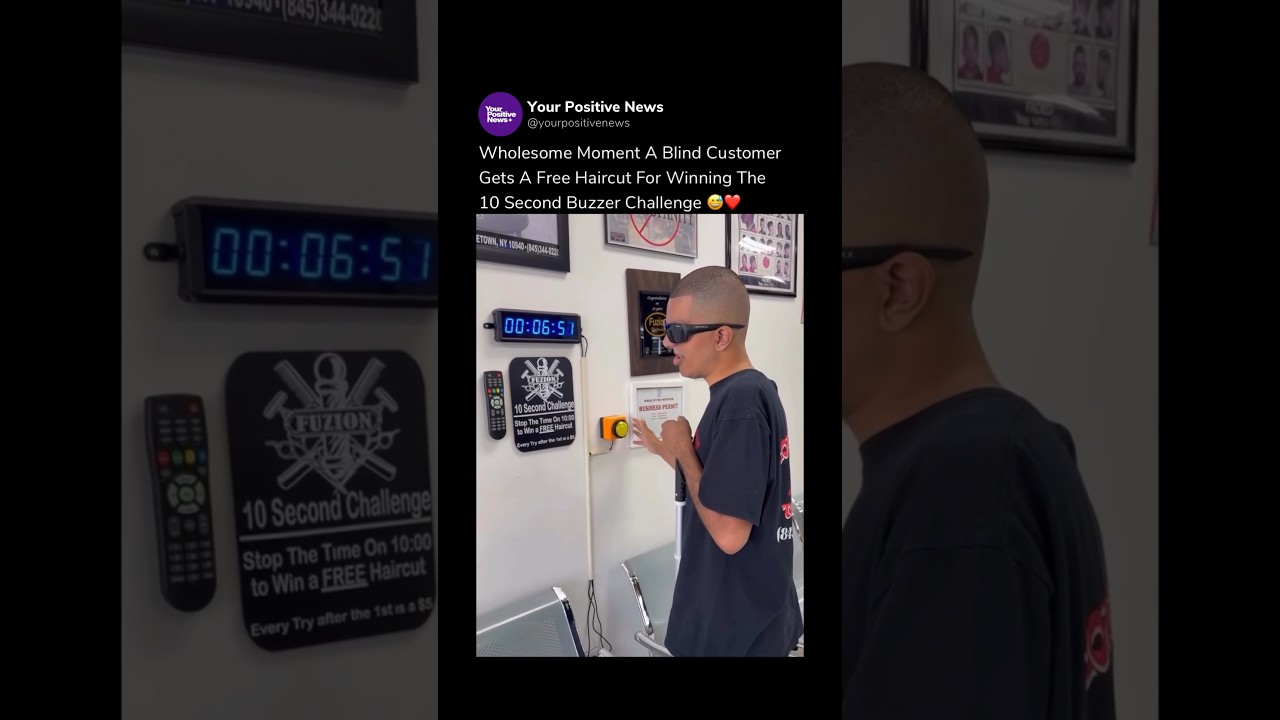Wholesome moment a blind customer gets a free haircut for winning the 10 second buzzer challenge😅❤️